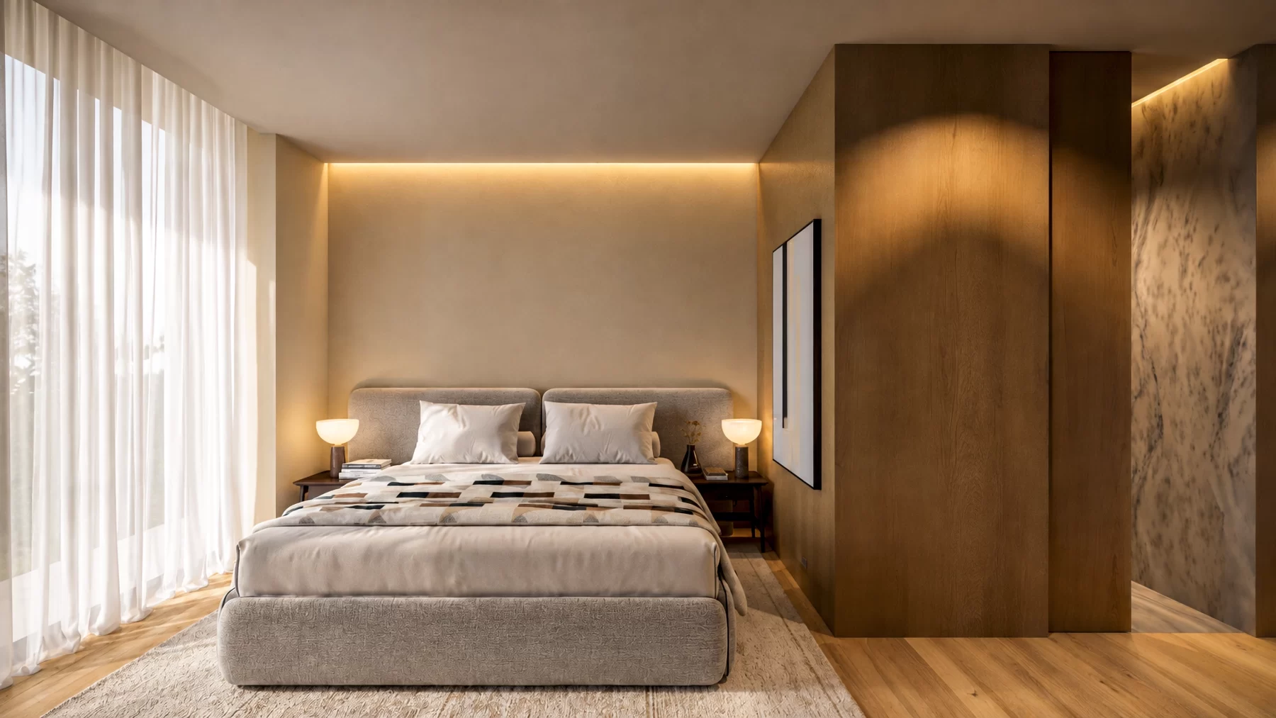 Quarto com iluminação indireta e cabeceira estofada