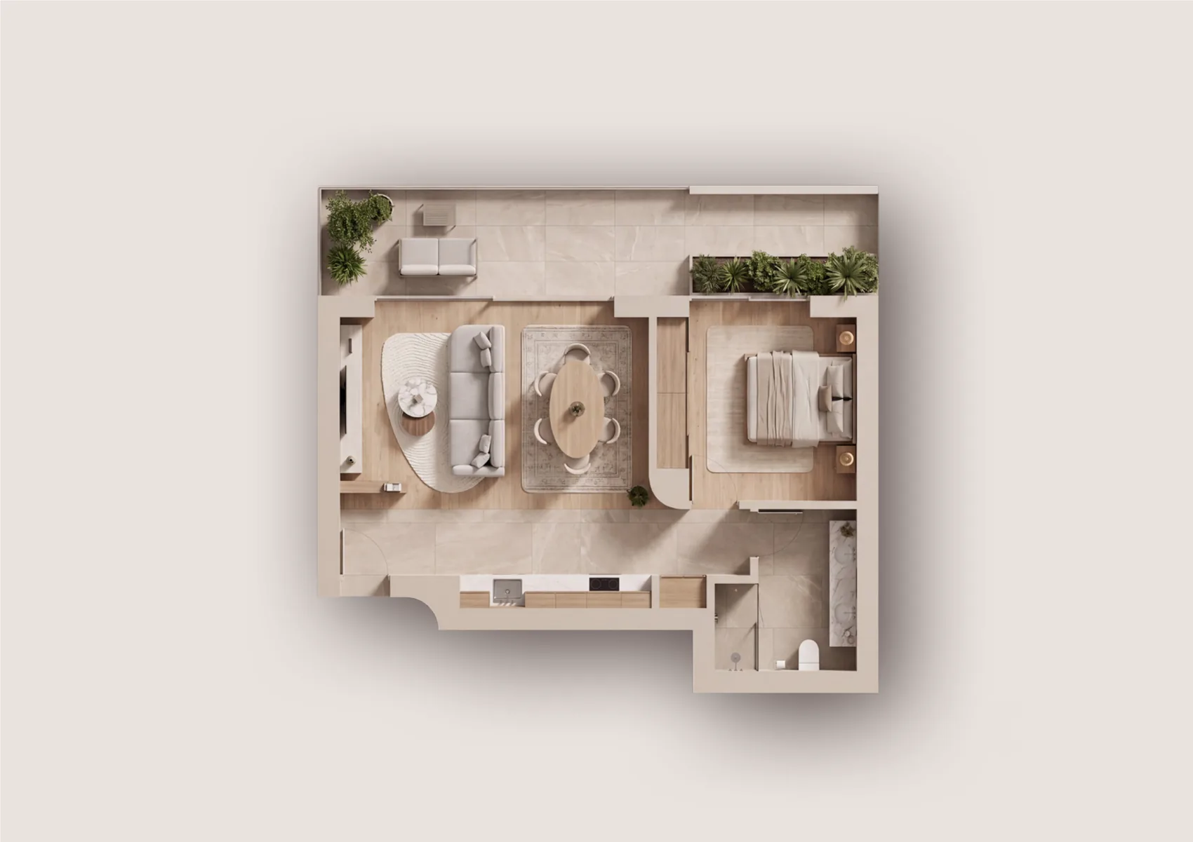 Planta tipo do T1: sala e cozinha em open space, um quarto e instalação sanitária
