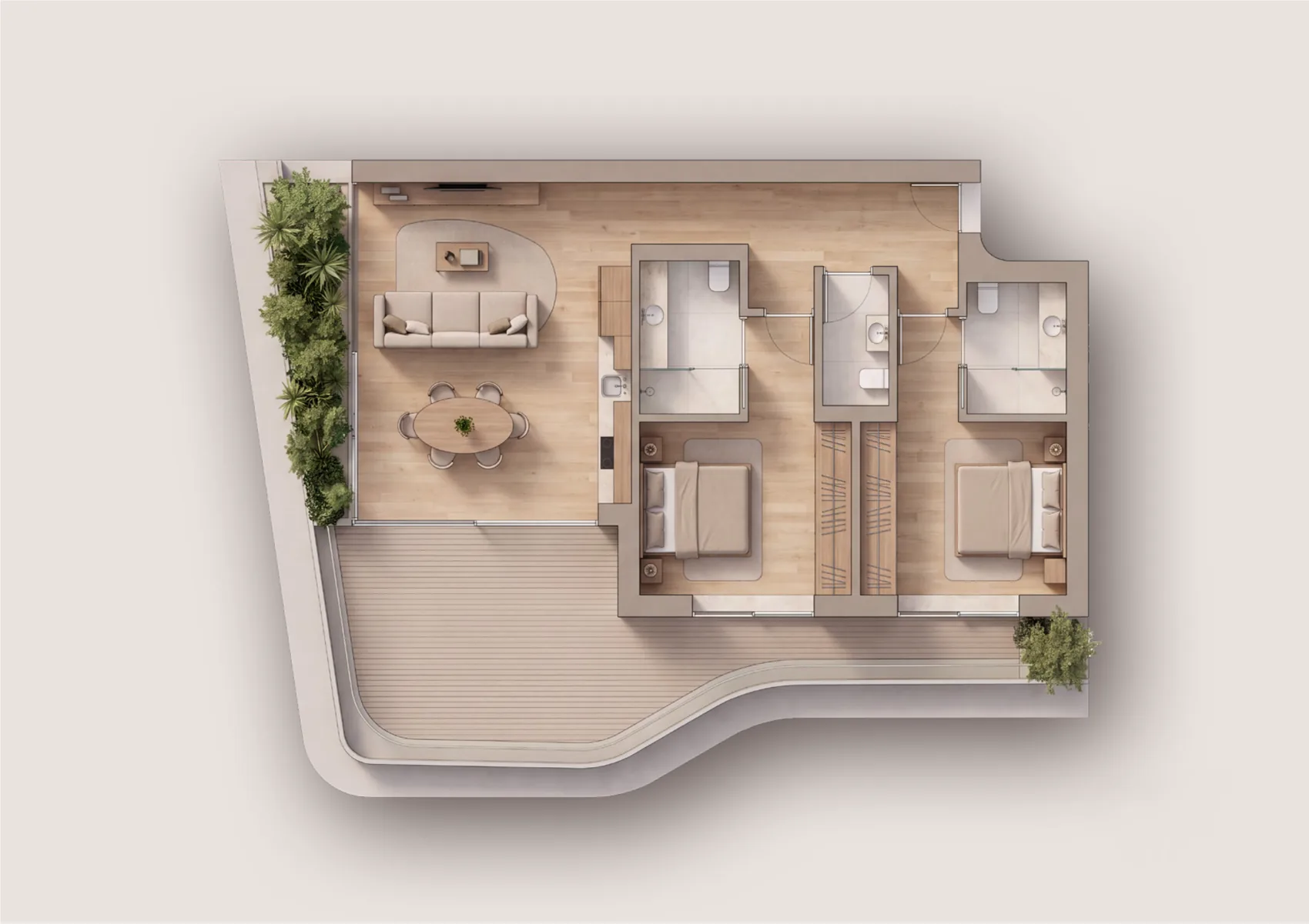 Planta tipo do T2+: dois quartos, sala ampla e varanda curva de grande dimensão