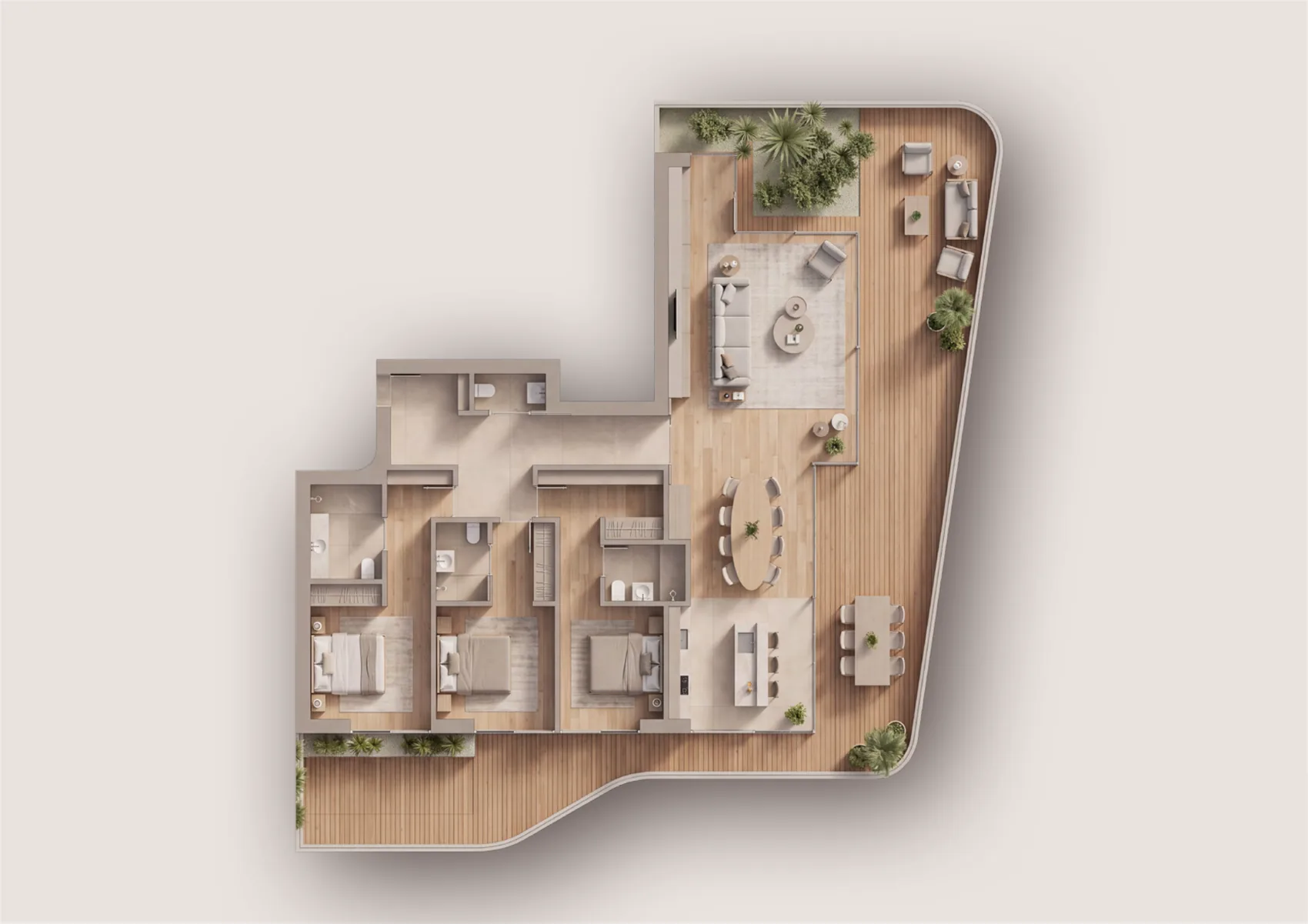 Planta tipo do T3+: três quartos e terraço a nascente, sul e poente